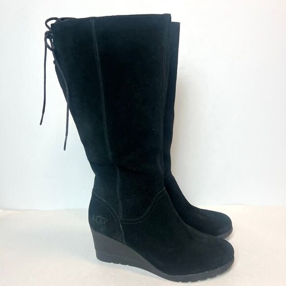 Ugg Shoes - UGG Dawna Waterproof Suede Wedge Tall Boots Black Sz 6